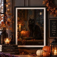 Mondbeschienene gotische schwarze Katze Herbst Fei