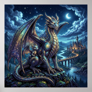 Mondbeschienene himmlische Vater- und Sohndrachen Poster