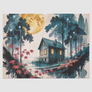 Mondbeschienene Hütte Japanischer Wald Kunst (1) Seidenpapier