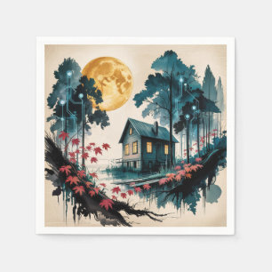 Mondbeschienene Hütte Japanischer Wald Kunst (1) Serviette