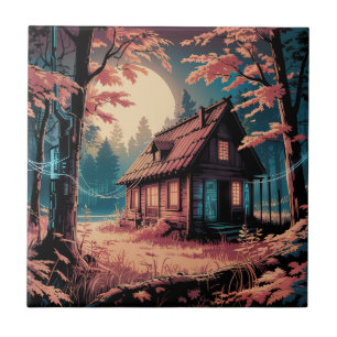 Mondbeschienene Hütte Japanischer Wald Kunst (2) Fliese