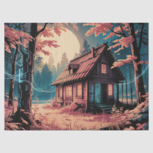 Mondbeschienene Hütte Japanischer Wald Kunst (2) Seidenpapier