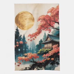 Mondbeschienene Hütte Japanischer Wald Kunst (4) Geschirrtuch