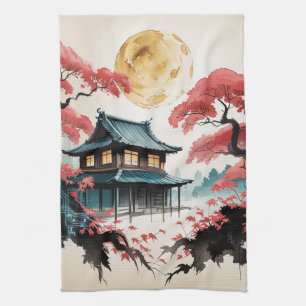 Mondbeschienene Hütte Japanischer Wald Kunst (5) Geschirrtuch