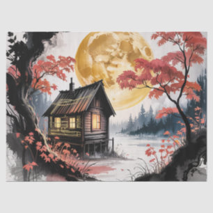 Mondbeschienene Hütte Japanischer Wald Kunst (7) Seidenpapier