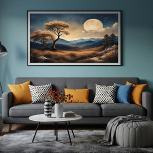 Mondbeschienene Landschaft Goldene Bäume Berge Leinwanddruck