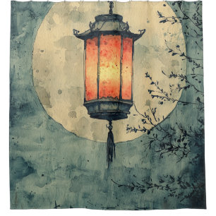 Mondbeschienene Laterne Sumi-E Aquarell (1) Duschvorhang