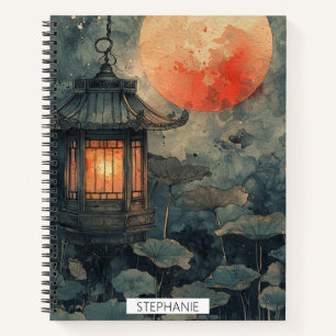 Mondbeschienene Lotoslaterne Aquarell Notizblock