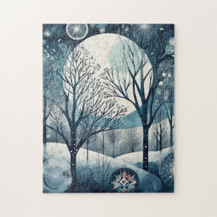 Mondbeschienene nordische Wald-Winternacht Puzzle