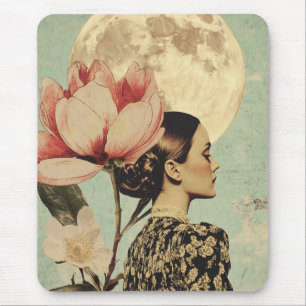 Mondbeschienene Schönheit – Frau mit rosa Blume un Mousepad