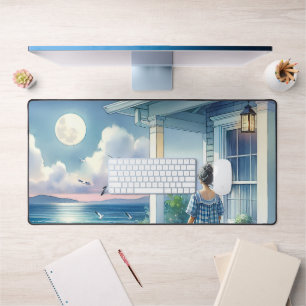 Mondbeschienene Veranda eines Cottage am Meer Schreibtischunterlage