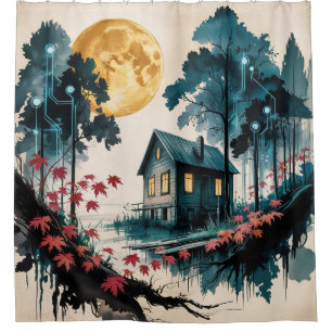 Mondbeschienene Waldhütte Japanische Wald Kunst (1 Duschvorhang