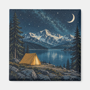 Mondbeschienener Alpensee und goldenes Campingzelt Magnet