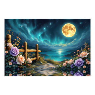 Mondbeschienener Blumenpfad zum Strand Fotodruck