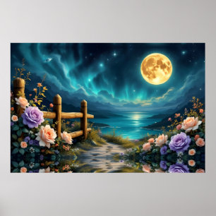 Mondbeschienener Blumenpfad zum Strand Poster