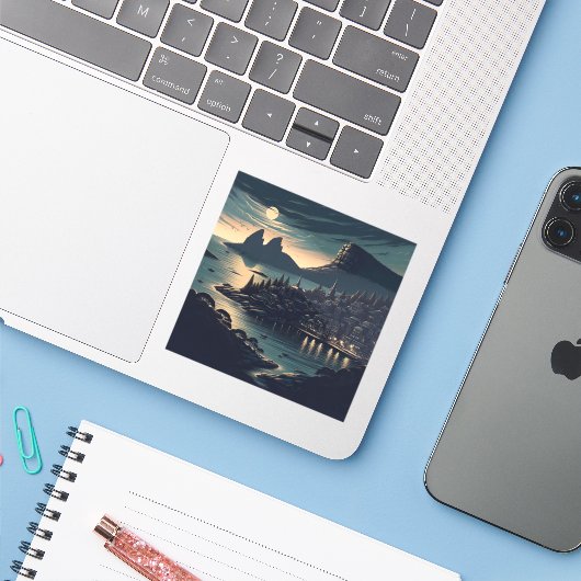 Mondbeschienener Hafen Aufkleber (Laptop mit iPhone)