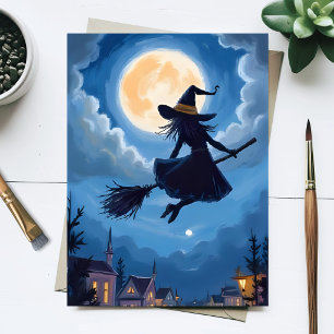 Mondbeschienener Hexenbesen Halloween-Wasserfarbe Feiertagspostkarte