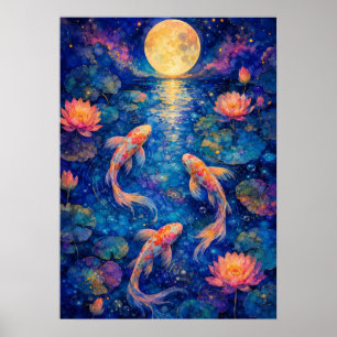 Mondbeschienener Koi-Teich, Lotusblumen und golden Poster