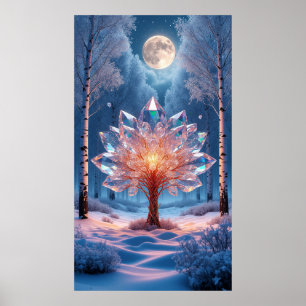 Mondbeschienener Kristallbaum, umgeben von schneeb Poster