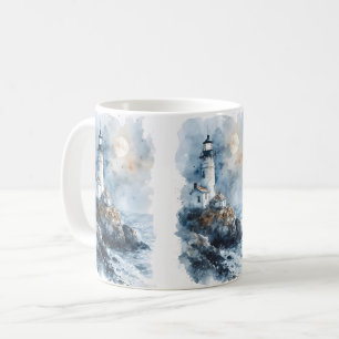 Mondbeschienener Leuchtturm auf felsiger Küste Kaffeetasse