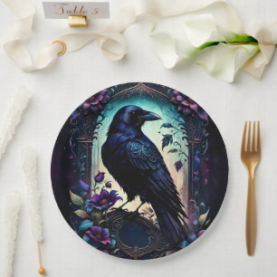 Mondbeschienener Rabe   Gothic Floral Hochzeitssui Pappteller