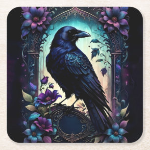 Mondbeschienener Rabe   Gothic Floral Hochzeitssui Rechteckiger Pappuntersetzer