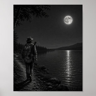 Mondbeschienener Seeufer-Wanderer Schwarz-Weiß-Pla Poster
