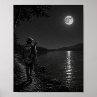 Mondbeschienener Seeufer-Wanderer Schwarz-Weiß-Pla Poster