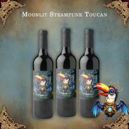 Mondbeschienener Steampunk-Tukan. Weinetikett