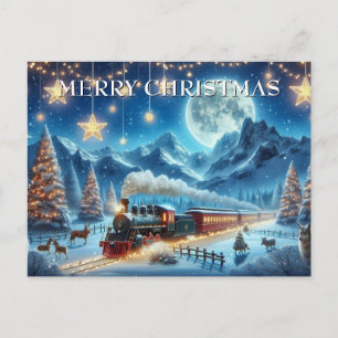 Mondbeschienener Weihnachtszug mit Waldtieren Feiertagspostkarte