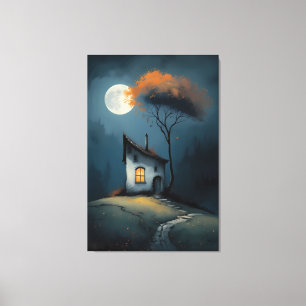 Mondbeschienenes Cottage unter dem Herbstbaum Leinwanddruck
