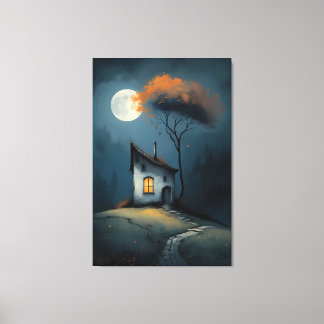 Mondbeschienenes Cottage unter dem Herbstbaum Leinwanddruck