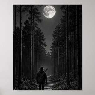 Mondbeschieneter Kiefernwald Wanderer mit Gitarre  Poster