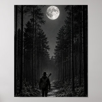 Mondbeschieneter Kiefernwald Wanderer mit Gitarre  Poster