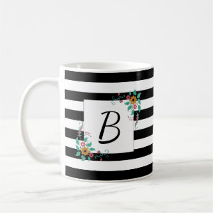 Mondern Schwarze Streifen und florale Monogramm Kaffeetasse
