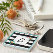 Mondern Schwarze Streifen und florale Monogramm Schlüsselanhänger (Vorderseite rechts)