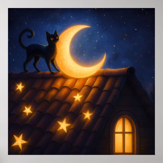 Mondkatze auf sternbedecktem Dach Poster