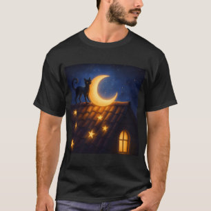Mondkatze auf sternbedecktem Dach T-Shirt
