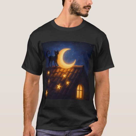 Mondkatze auf sternbedecktem Dach T-Shirt (Vorderseite)