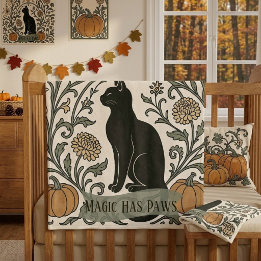 Mondkatze Botanisch Schwarz | Magie Hat Pfoten Fleecedecke