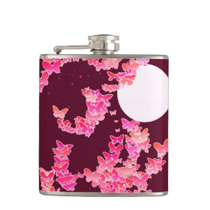 Mondlandschaft mit Schmetterlingen - Rosa, Bordeau Flachmann