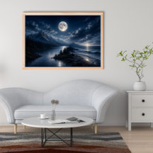 Mondlicht-Bergsee-Wandkunstposter - Vollmond