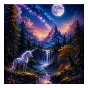 Mondlicht-Einhorn-Fantasy-Landschaftsposter Wandku Poster