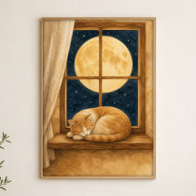 Mondlicht-Fensterbank-Katze-Aquarell-Poster