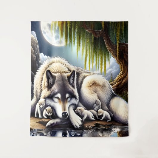 Mondlicht-Heiligkeit ein schlummernder Wolf Wandteppich (Vorderseite)