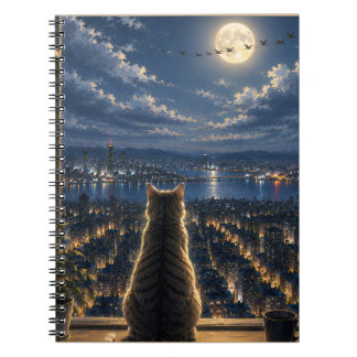 Mondlicht-Katze, die durch das Fenster auf die näc Notizblock