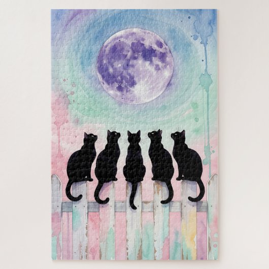 Mondlicht Katzen Puzzle – Fünf schwarze Katzen Aqu (Vertikal)