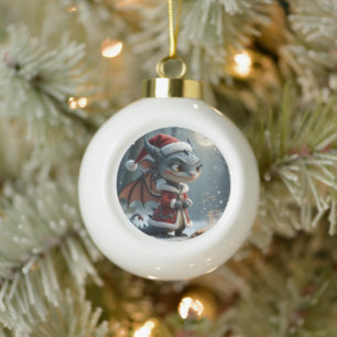 Mondlicht-Keksdieb – Der graue Weihnachtsdrache. Keramik Kugel-Ornament