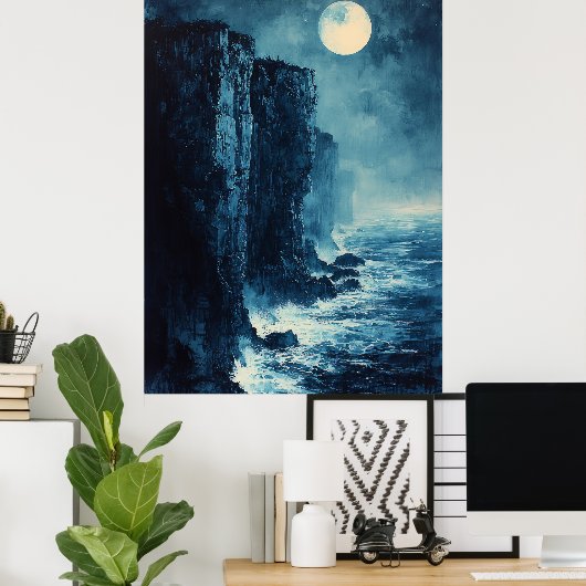 Mondlicht-Meeresklippen in einfarbigem Blau Poster (Heimbüro)