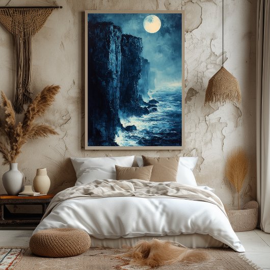 Mondlicht-Meeresklippen in einfarbigem Blau Poster